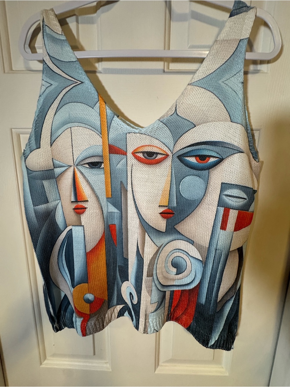 Open Knit Artsy Abstract face Sleeveless Crop Top.